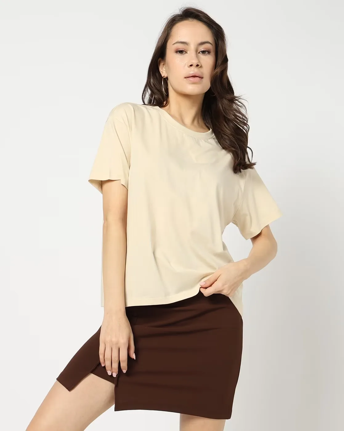 1117Wx1400H-443071824-cream-MODEL.webp Women Cotton Regular Fit Round-Neck T-Shirt - Image 1