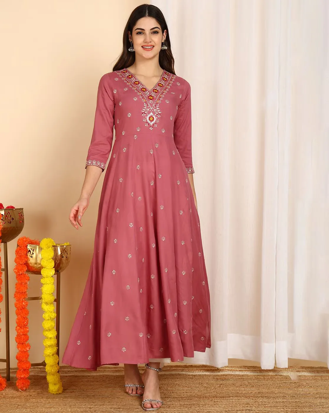 1117Wx1400H-701037421-peach-MODEL.webp Women Yoke Embroidered Flared Kurta - Image 1