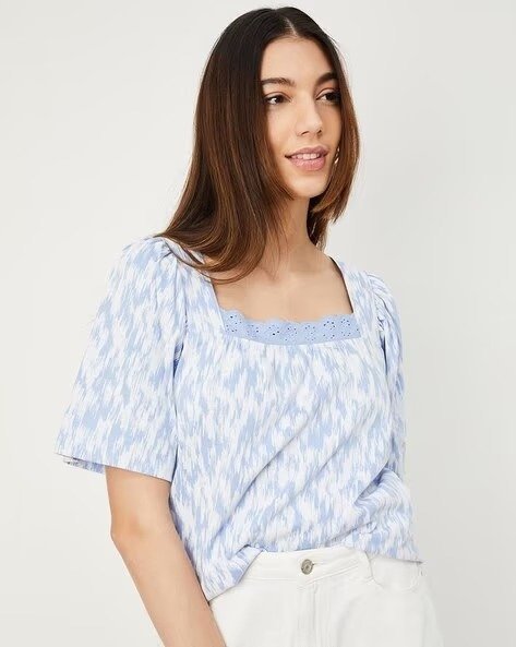 473Wx593H-467160452-blue-MODEL.jpg Women Printed Square-Neck Top - Image 1