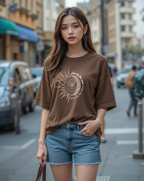 473Wx593H-702250599-brown-MODEL.webp Women Oversized Fit Graphic T-shirt - Image 1
