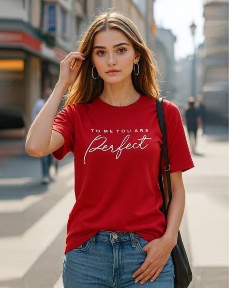 473Wx593H-702295527-red-MODEL-1.jpg Women Typographic Print Regular Fit T-Shirt - Image 1