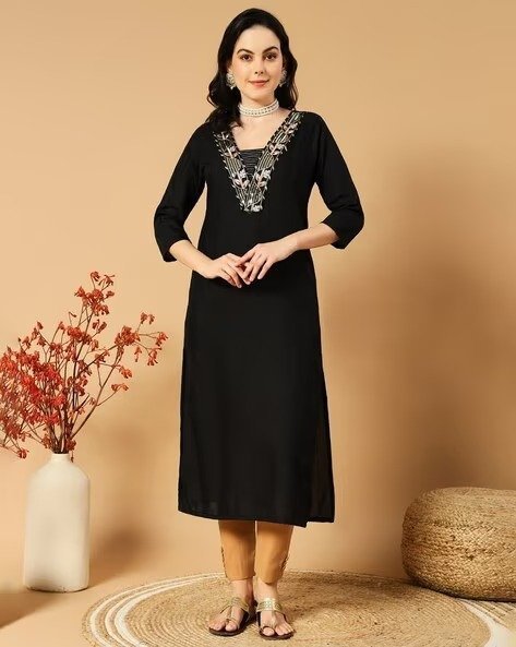 473Wx593H-702460507-black-MODEL.jpg Women Embroidered Straight Kurta - Image 1